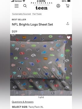 Pottery Barn Teen NFL Brights Logo Sheet Set 3 pcs twin xl long